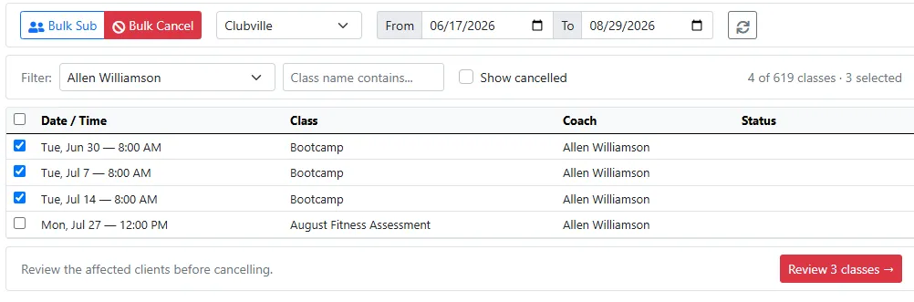 The bulk class ops tool with Bulk Cancel mode selected, several classes filtered by coach, three checked and ready to be cancelled