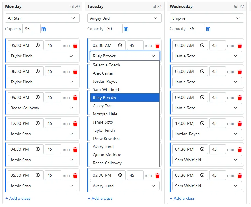 A coach dropdown open on a class slot, listing the staff roster